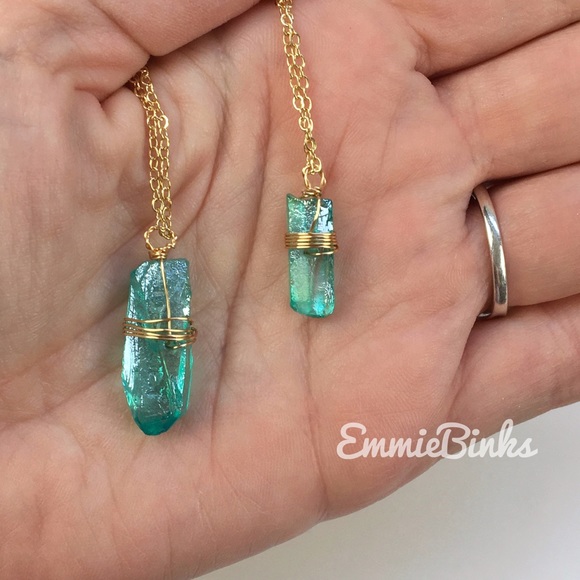 New Vibrant Aqua Green Aura Quartz Crystal Gold Plated Necklace -Crystal Pendant - Picture 2 of 13